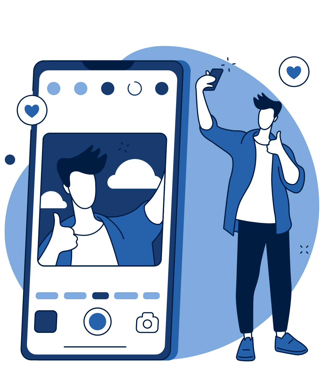 Illustration of a person taking a selfie beside a large phone showing a charity social media post