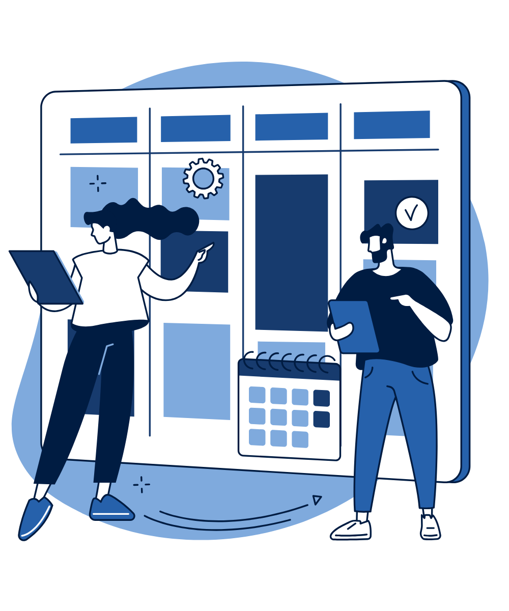 Illustration of two people planning work on a wall calendar and planning board