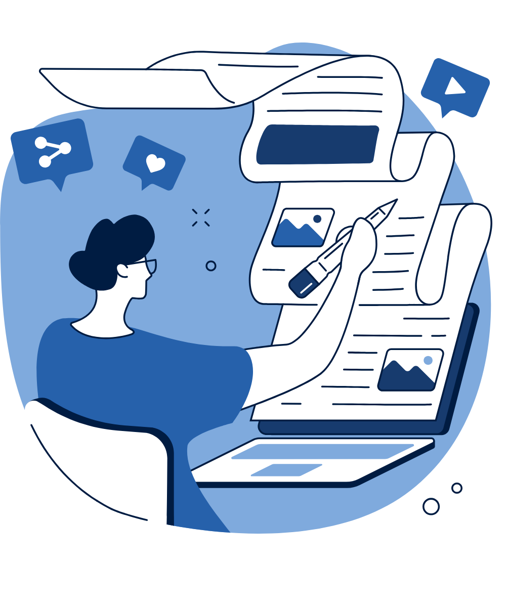 Illustration of a designer writing and laying out content with images and social media icons