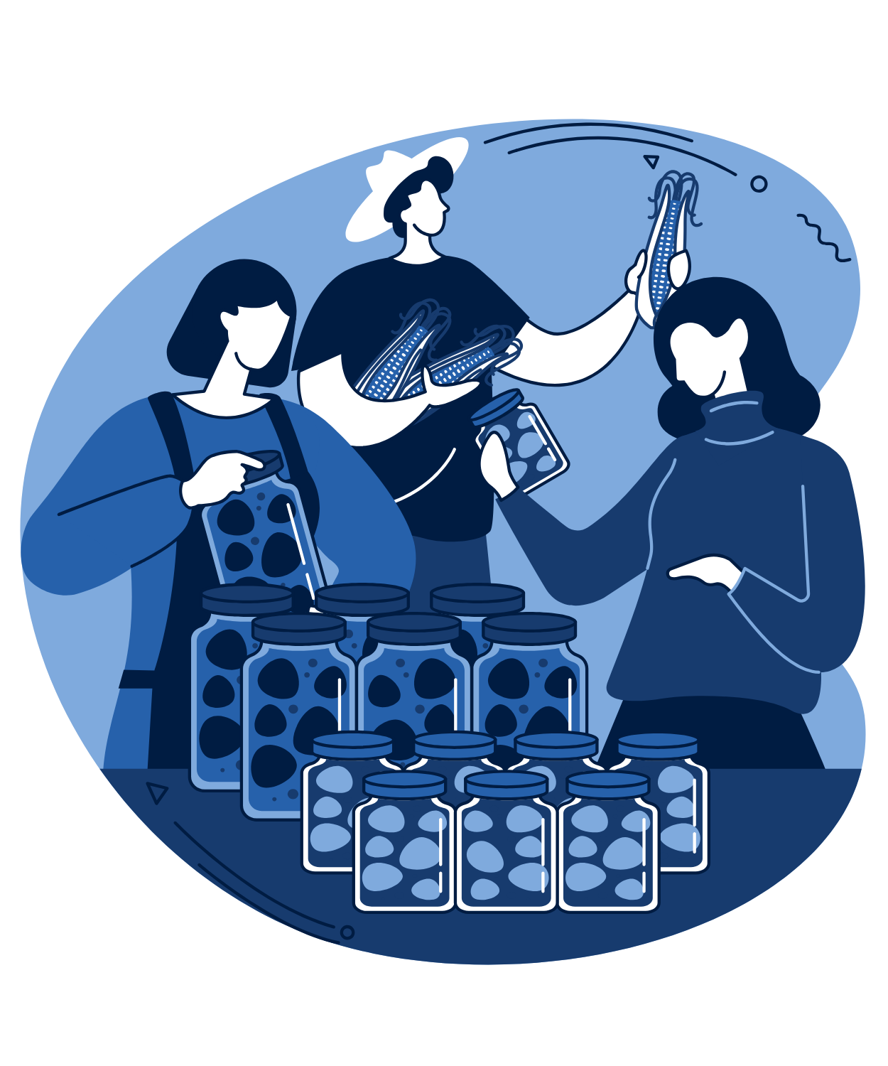 Illustration of charity volunteers packing jars of food and celebrating together