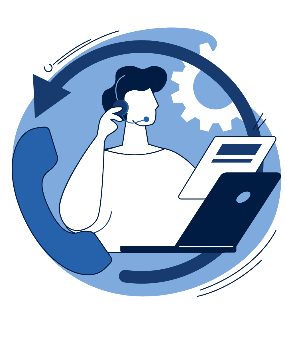 Illustration of a support adviser wearing a headset beside a phone and laptop