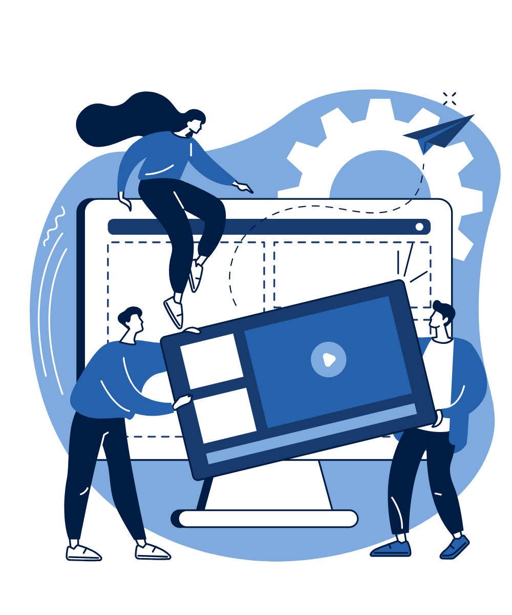 Illustration of a team assembling an explainer video on a large screen