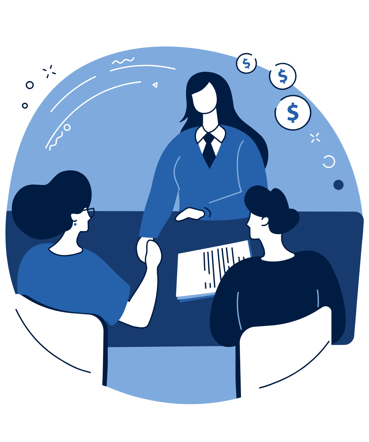 Illustration of a founder leading a discussion with community partners around a table