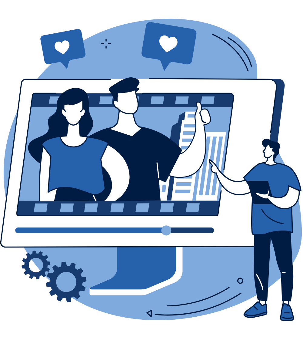 Illustration of a person presenting a video of two people on a large screen, with likes