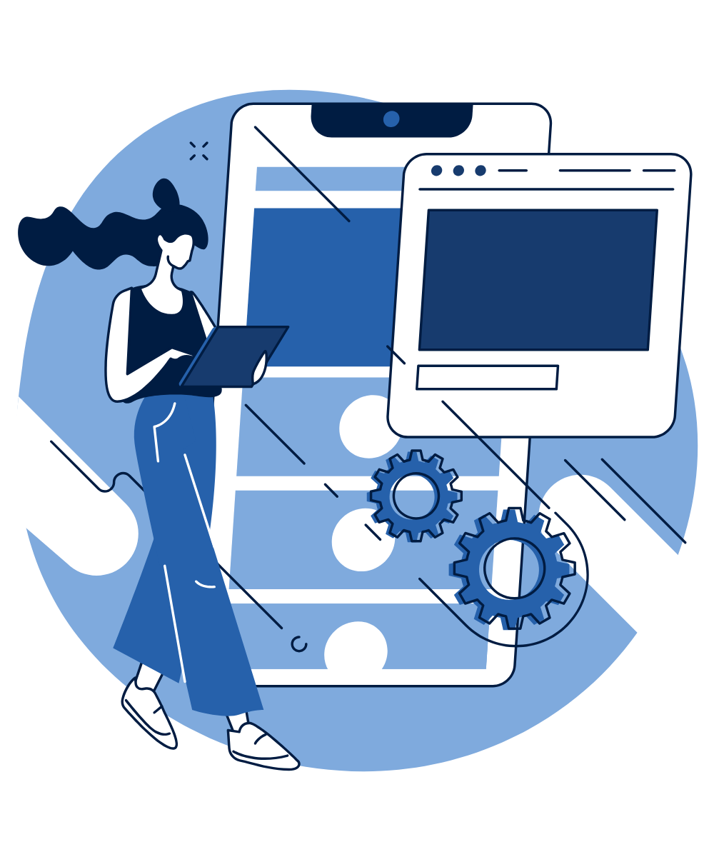Illustration of a person with a laptop managing a hosted website on phone and browser windows