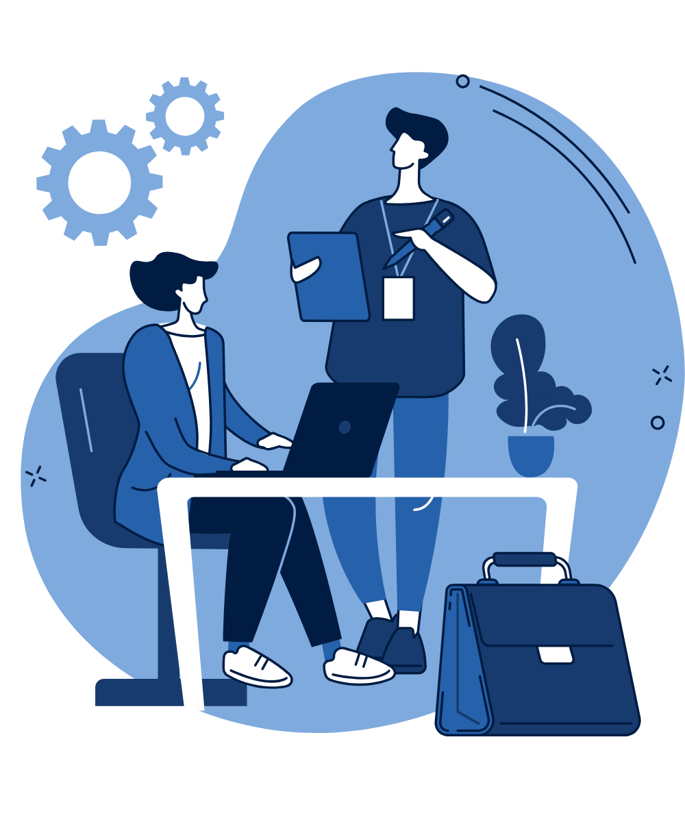 Illustration of two colleagues reviewing a digital plan at a desk