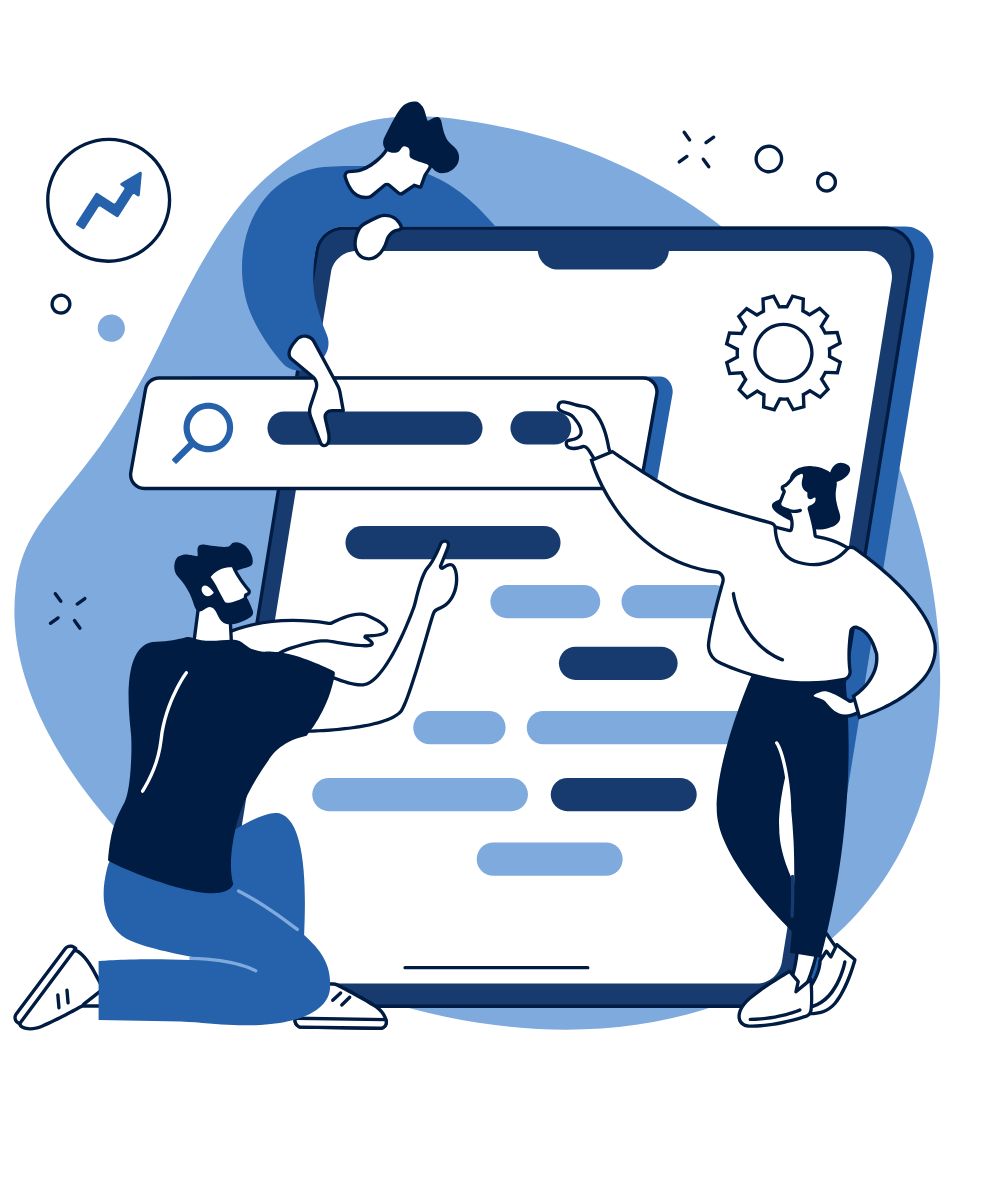Illustration of two people building a mobile-friendly page on a large phone screen