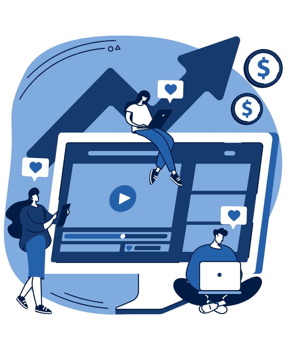 Illustration of a digital team around a screen with a rising growth arrow, video and likes