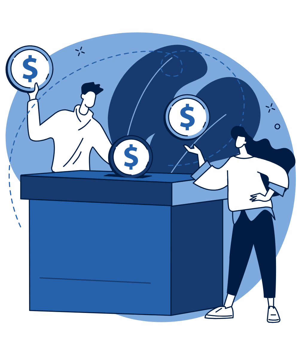Illustration of two people dropping coins into a large online donation box