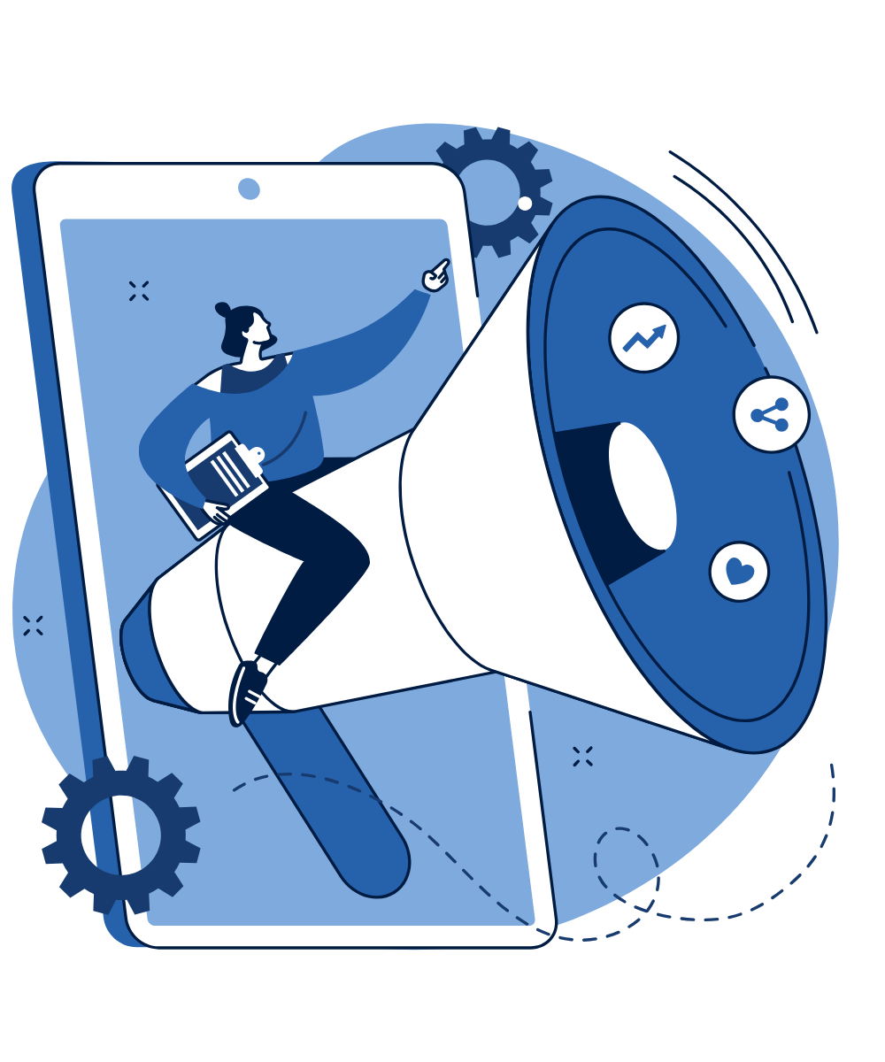 Illustration of a person riding a megaphone out of a tablet to promote a campaign