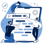 Illustration of two people improving search results on a large screen for SEO