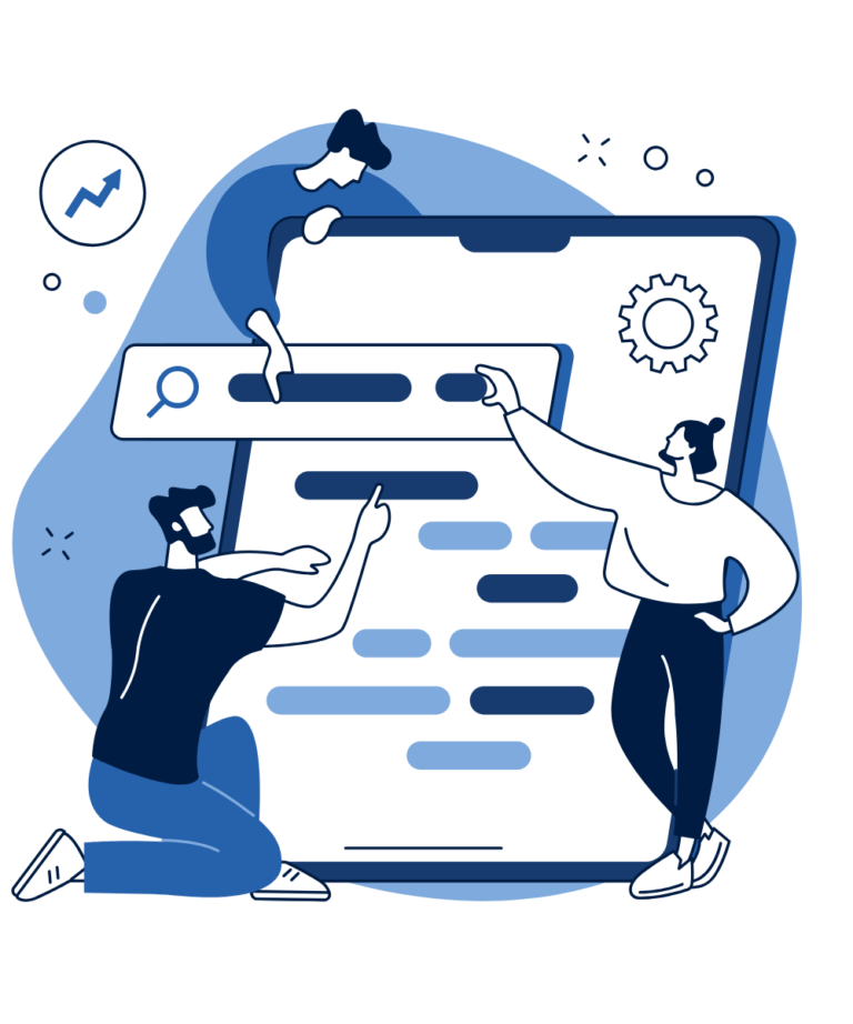 Illustration of two people improving search results on a large screen for SEO