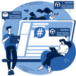 Illustration of people posting to a social media feed with a hashtag and profile cards