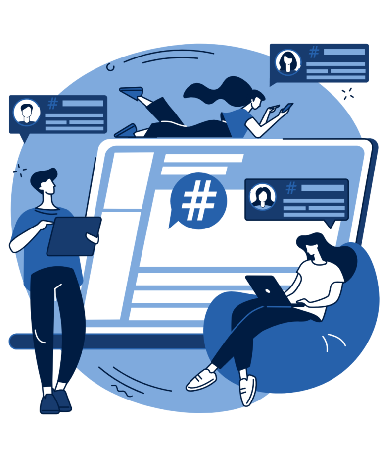 Illustration of people posting to a social media feed with a hashtag and profile cards