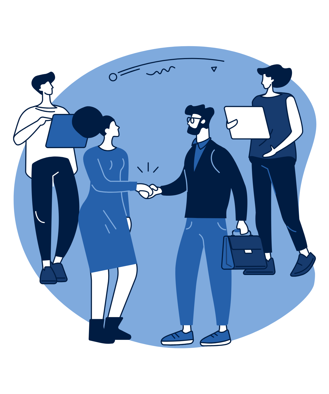 Illustration of a digital team shaking hands with community partners