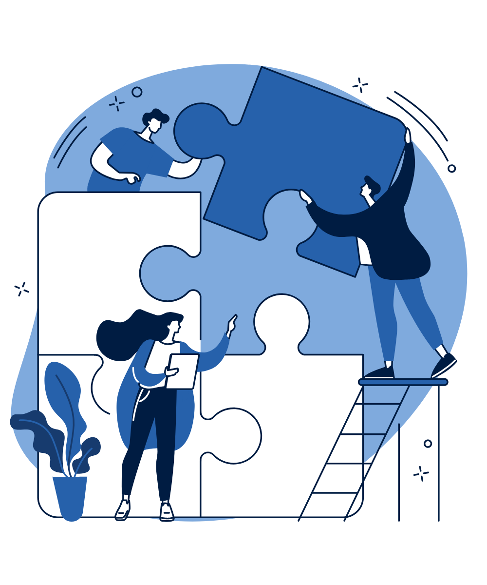 Illustration of a team fitting large jigsaw puzzle pieces together