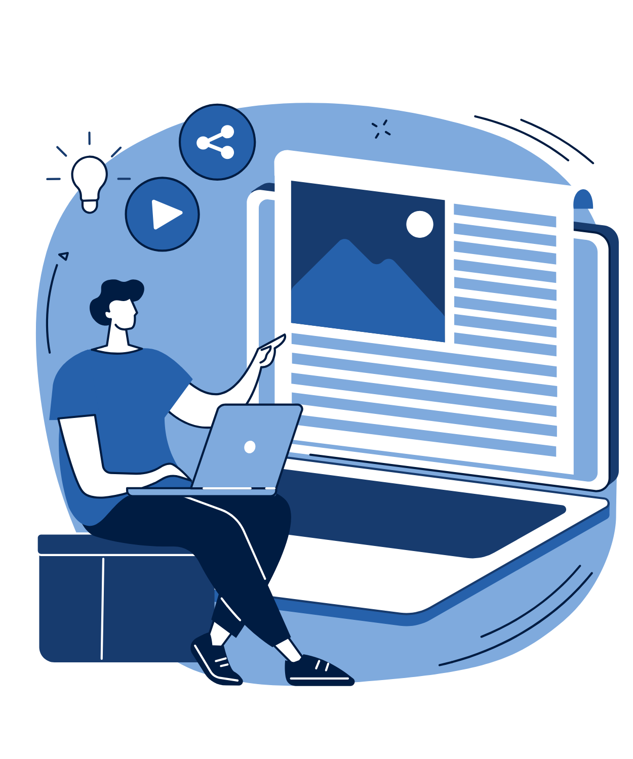 Illustration of a person with a laptop sharing their story on a large screen