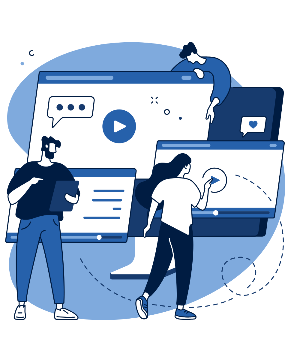 Illustration of two people creating and editing video content on large screens