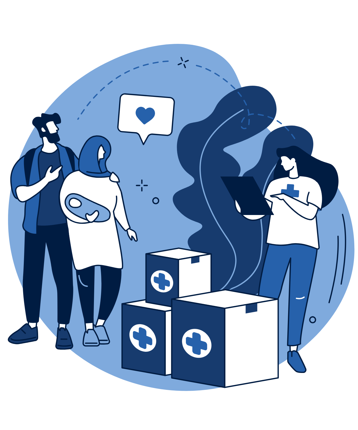 Illustration of volunteers sorting donation boxes at a community event