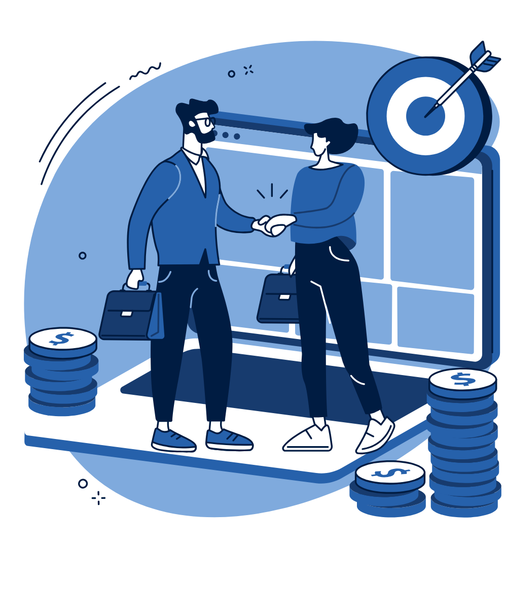 Illustration of two professionals shaking hands in front of a target and stacks of coins