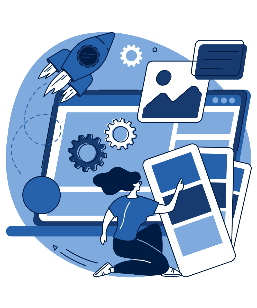 Illustration of a person organising website pages and images as a rocket launches