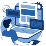 Illustration of a designer arranging website page layouts on a laptop