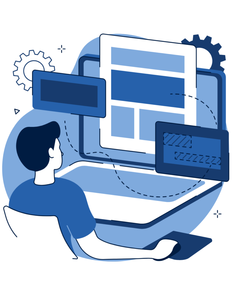 Illustration of a designer arranging website page layouts on a laptop