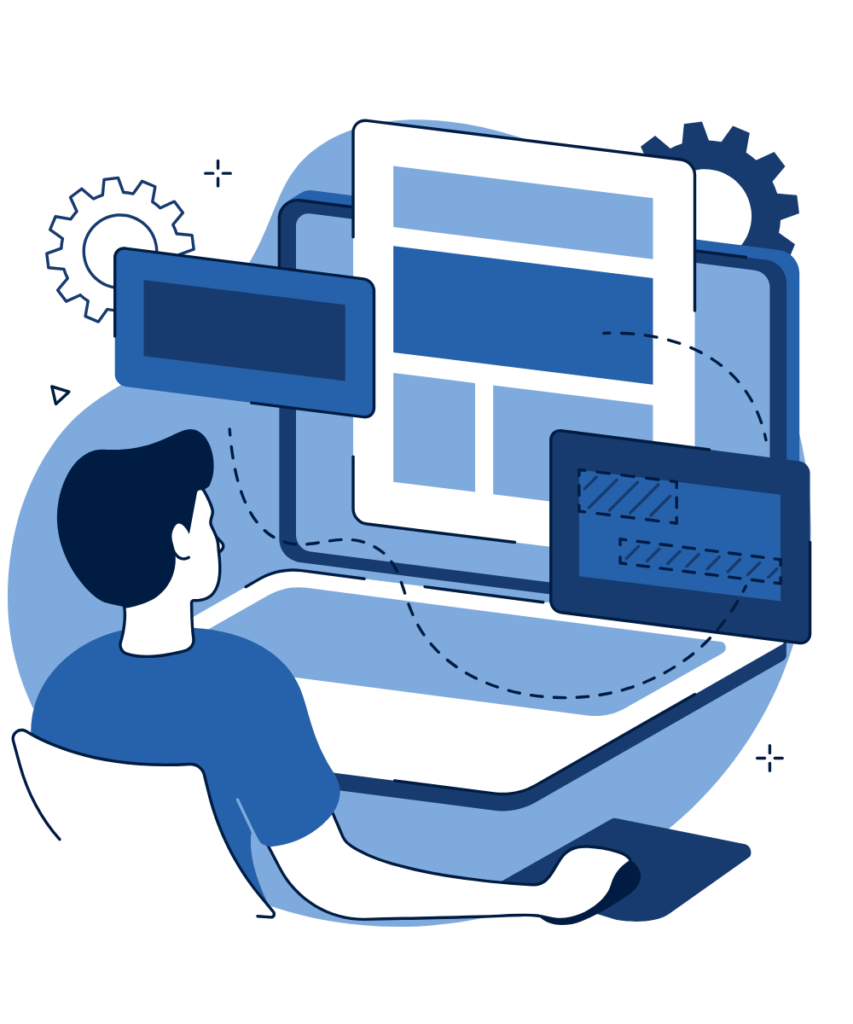 Illustration of a designer arranging website page layouts on a laptop
