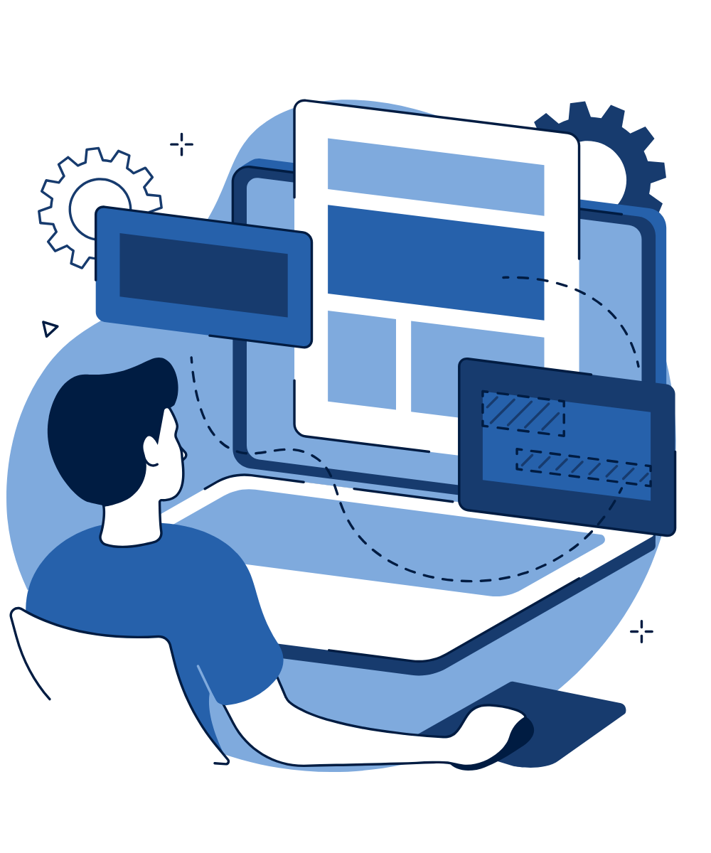 Illustration of a designer arranging website page layouts on a laptop