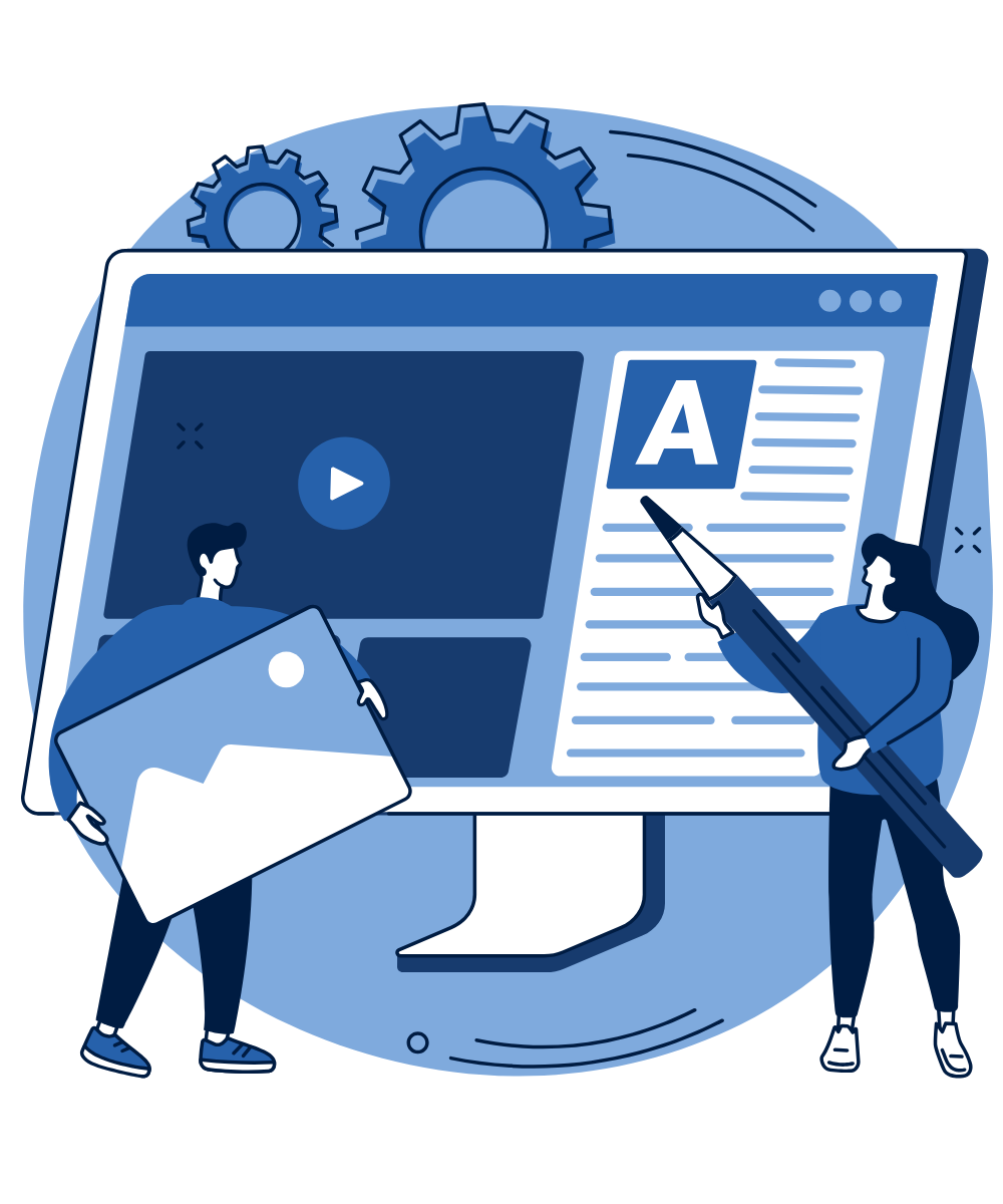 Illustration of two people creating a blog article with images and text on a screen